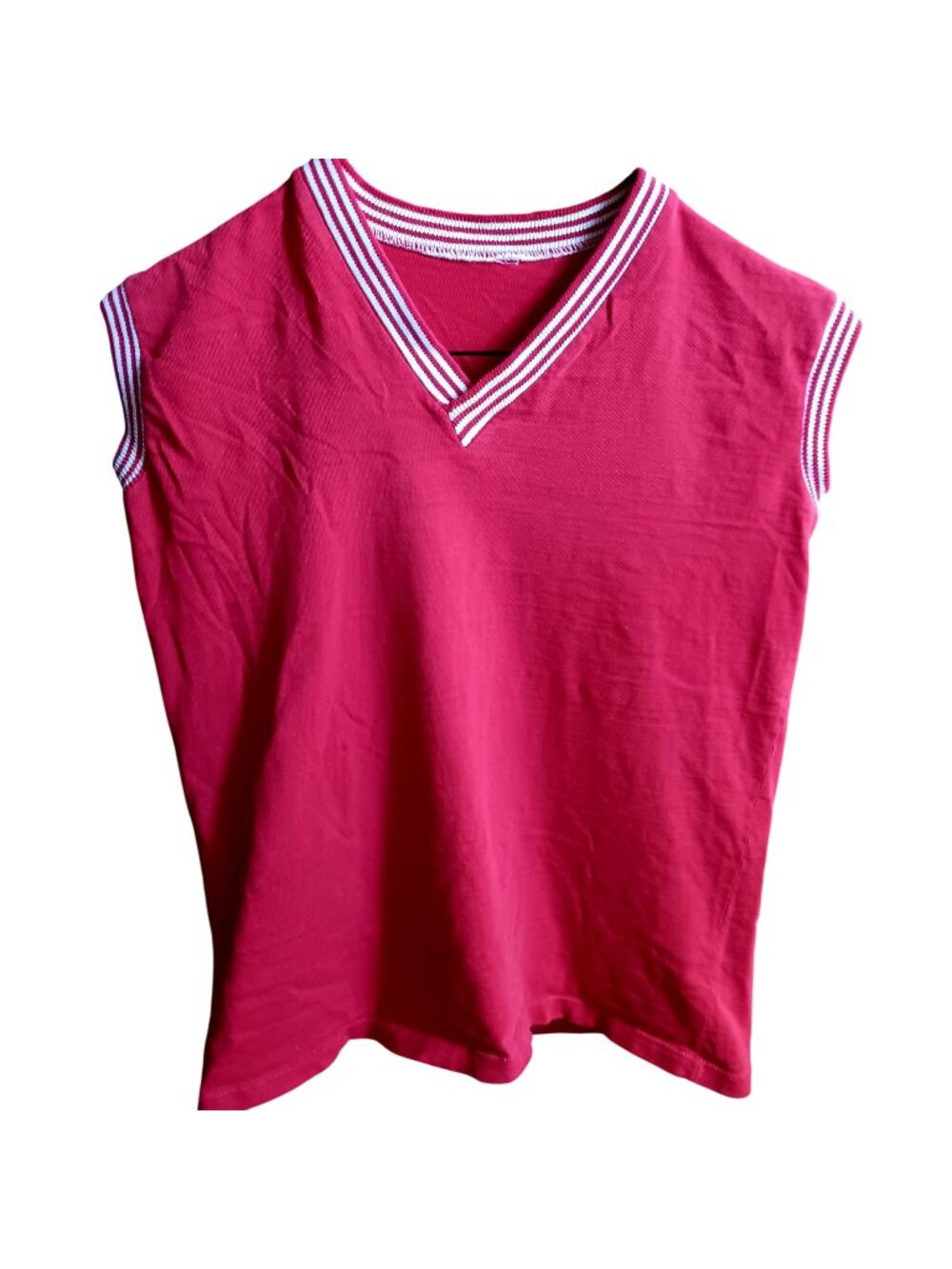 True Vintage 1950's T-shirt Small Red Sleeveless Trim V-Neck All Cotton Muscle